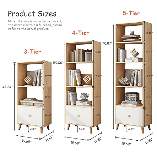 IOTXY 3-Tier Open Shelves Bookcase - 47 Inches Height Modern Floor Standing Cubes Wooden Low Bookshelf with Storage Drawer and Legs, Oak