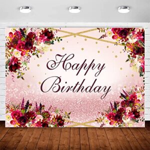 inmemory burgundy flower happy birthday backdrop rose gold glitter birthday photography background rustic floral backdrops for women lady girls bday party decorations banner photo booth supplies 5x3ft