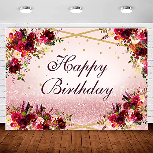 InMemory Burgundy Flower Happy Birthday Backdrop Rose Gold Glitter Birthday Photography Background Rustic Floral Backdrops for Women Lady Girls Bday Party Decorations Banner Photo Booth Supplies 5x3ft