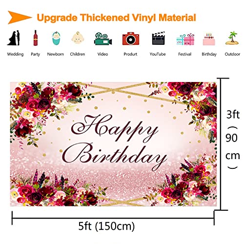 InMemory Burgundy Flower Happy Birthday Backdrop Rose Gold Glitter Birthday Photography Background Rustic Floral Backdrops for Women Lady Girls Bday Party Decorations Banner Photo Booth Supplies 5x3ft