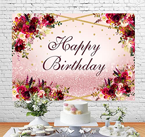 InMemory Burgundy Flower Happy Birthday Backdrop Rose Gold Glitter Birthday Photography Background Rustic Floral Backdrops for Women Lady Girls Bday Party Decorations Banner Photo Booth Supplies 5x3ft