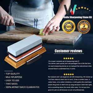 Whetstone Knife Sharpener - 400/1000 3000/8000 Grit Wet Stone Knife sharpening kit for knives chisel with Non-slip Rubber Base Angle Guide Flattening Leather Strop Cut Resistant Gloves