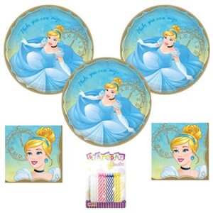 disney princess cinderella party supplies pack serves 16: 9" plates and luncheon napkins with birthday candles (bundle for 16)