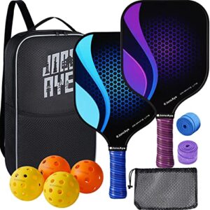 joncaye graphite-pickleball-paddles-set, 2 pickleball-rackets, 1 carry bag, 4 indoor outdoor balls, 1 mesh ball bag, 2 over-grips, raquette-set of 2, blue, purple | pickleball gifts