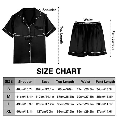 Mannice Women's Silk Satin Pajama Set Summer Short Sleeve Sleepwear Button Down PJs Black