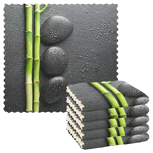 Black Zen Basalt Stones with Dew Green Bamboo on Dark 6 Set Kitchen Dish Towels, Washcloths Cleaning Cloths Dish Cloths, Absorbent Towels Lint Free Bar Tea Soft Waffle Towel 11"x11"