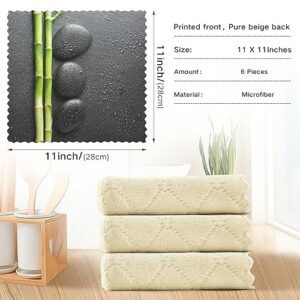 Black Zen Basalt Stones with Dew Green Bamboo on Dark 6 Set Kitchen Dish Towels, Washcloths Cleaning Cloths Dish Cloths, Absorbent Towels Lint Free Bar Tea Soft Waffle Towel 11"x11"