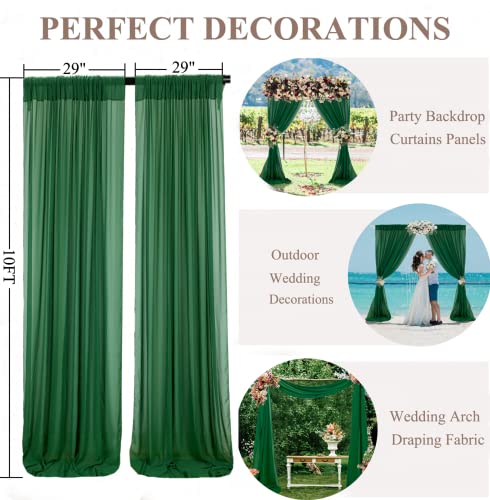 FUHSY Emerald Green Curtains 2 Panels Sheer Backdrop Curtain 29x120 Inches Long Sheer Curtains for Bedroom Chiffon Backrop Green Drapes for Wedding Tulle Scarf 10FT Curtains Ceiling Backdrop Drapes