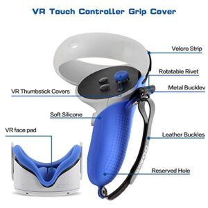 OOAVR Controller Grip Cover for Oculus Quest 2,VR Silicone Face Pad,Lens Protection Cover,Thumbstick Covers,Sweat-Proof/Anti-Throw/Adjustable(4pcs Set/Blue)