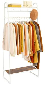 tajsoon clothes rack, freestanding clothing rack with coat hook, metal garment rack with 2 storage display shelf, rustic brown wood, white