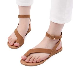 Vayfio Women's Ankle Strap Flat Sandals Casual Thong with Metal Buckle Cute Summer Shoes, Brown, US Women 11