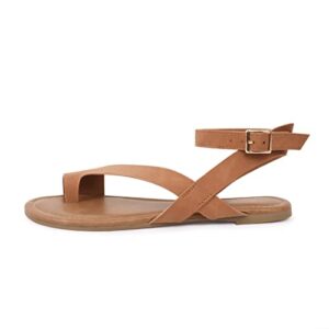 Vayfio Women's Ankle Strap Flat Sandals Casual Thong with Metal Buckle Cute Summer Shoes, Brown, US Women 11