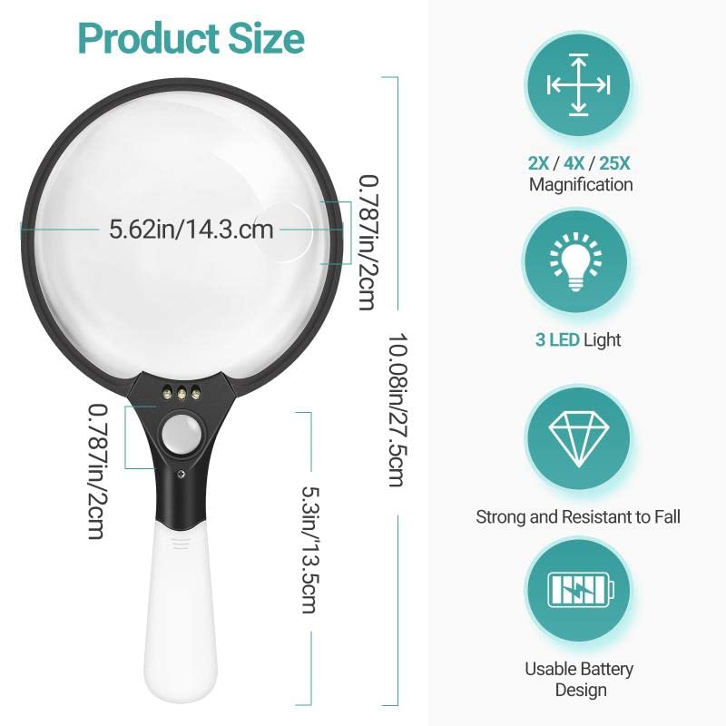 Magnifying Glass with Light, 5.5 Inch Large Magnifier 2X 4X 25X Zoom Magnifying Glass Lens with 3 Bright LED Illuminated Lighted Handheld Magnifier for Seniors Reading, Stamps, Map