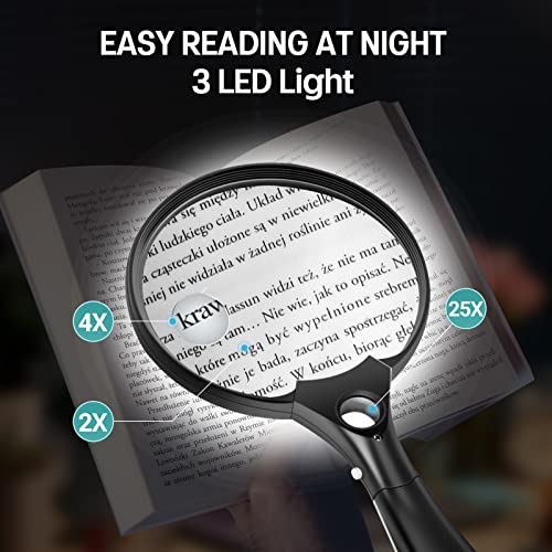 Magnifying Glass with Light, 5.5 Inch Large Magnifier 2X 4X 25X Zoom Magnifying Glass Lens with 3 Bright LED Illuminated Lighted Handheld Magnifier for Seniors Reading, Stamps, Map