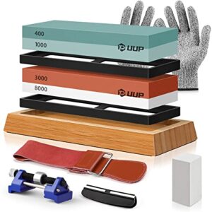 9pcs knife sharpening stones, uup whetstone sharpener kit with premium 4 sides 400/1000 3000/8000 grit wet stone set, leather strop, angle guide, flattening stone, gloves, honing guide for knives