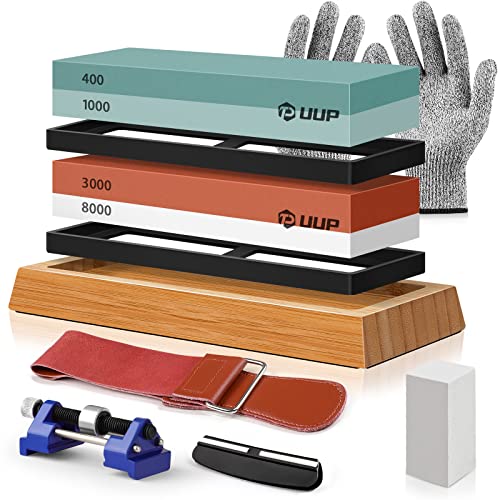 9PCS Knife Sharpening Stones, UUP Whetstone Sharpener Kit with Premium 4 Sides 400/1000 3000/8000 Grit Wet Stone Set, Leather Strop, Angle Guide, Flattening Stone, Gloves, Honing Guide for Knives