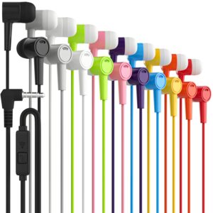 maeline wired earbuds 10 pack, new headphones with microphone, earphones with heavy bass stereo noise blocking, compatible with iphone and android devices, ipad, mp3, fits 3.5mm (10 pack, ten color)