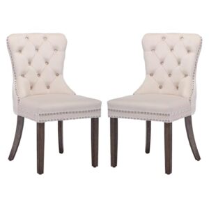 kcc velvet dining chairs set of 2 (renewed), upholstered high-end tufted dining room chair with nailhead back ring pull trim solid wood legs, nikki collection modern style for kitchen, beige