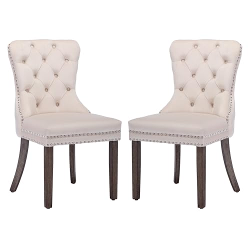 KCC Velvet Dining Chairs Set of 2 (Renewed), Upholstered High-end Tufted Dining Room Chair with Nailhead Back Ring Pull Trim Solid Wood Legs, Nikki Collection Modern Style for Kitchen, Beige