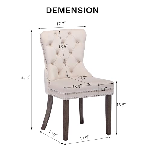KCC Velvet Dining Chairs Set of 2 (Renewed), Upholstered High-end Tufted Dining Room Chair with Nailhead Back Ring Pull Trim Solid Wood Legs, Nikki Collection Modern Style for Kitchen, Beige