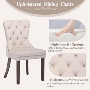 KCC Velvet Dining Chairs Set of 2 (Renewed), Upholstered High-end Tufted Dining Room Chair with Nailhead Back Ring Pull Trim Solid Wood Legs, Nikki Collection Modern Style for Kitchen, Beige