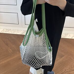 Green Handle US - Mesh Net Bag with Long Shoulder Handle Bag Stretchable Reusable for Grocery Shopping Beach Toys Storage (Green Handle)