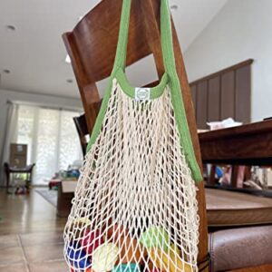 Green Handle US - Mesh Net Bag with Long Shoulder Handle Bag Stretchable Reusable for Grocery Shopping Beach Toys Storage (Green Handle)