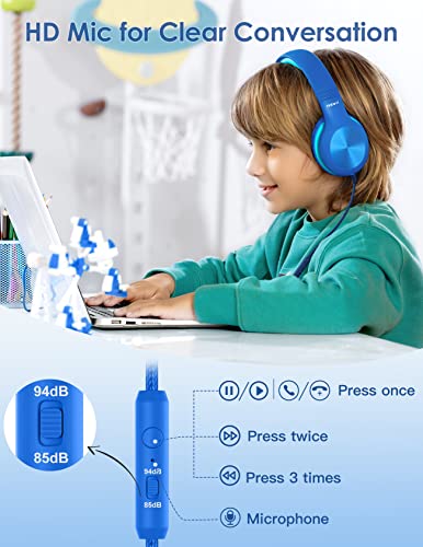 Kids Headphones with MIC, Over-ear, 85/94dB Safe Volume Limit, Sharing Function, HD Sound, Headphones for School, Toddler, Headset for On-line Study, Travel