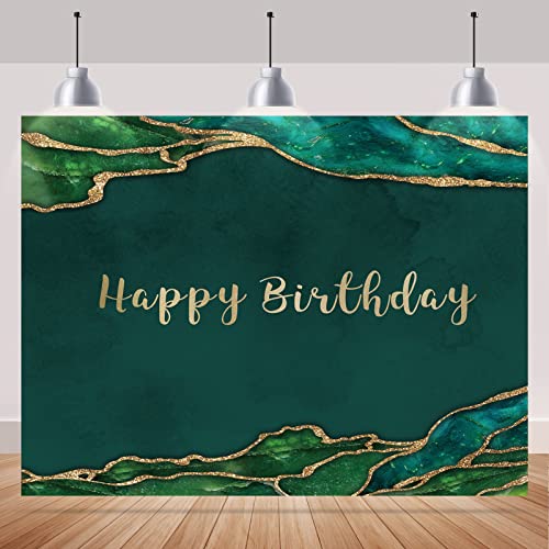 Rsuuinu Happy Birthday Backdrop Emerald Green and Gold Glitter Photography Background Birthday Party Banner for Women Man Cake Table Decor Favors Portrait Photo Studio Photobooth Props Supplies 7x5ft