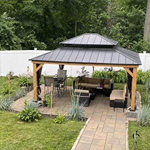 YOLENY 13' x 15' Wood Gazebo, Spruce Frame Outdoor Hardtop Gazebo with Metal Roof, Privacy Curtains and Nettings for Patio, Garden, Backyard