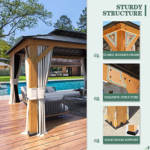 YOLENY 13' x 15' Wood Gazebo, Spruce Frame Outdoor Hardtop Gazebo with Metal Roof, Privacy Curtains and Nettings for Patio, Garden, Backyard