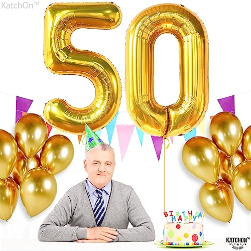 KatchOn, Big Gold 50 Balloon Number - 40 Inch | Gold 50th Birthday Balloons for 50th Anniversary Decorations | Mylar 50th Balloons, 50th Birthday Decorations Men | 50th Birthday Decorations Women