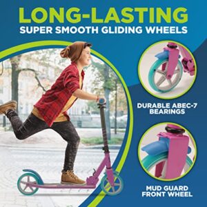 Jovial 2-Wheel Folding Kick Scooter - Compact Foldable Riding Scooter for Teens w/Adjustable Height, Alloy Anti-Slip Deck, 7” Wheels, Mud Guard Front Wheel, for Kids Boys/Girls 8+ Yrs Old (Miami)