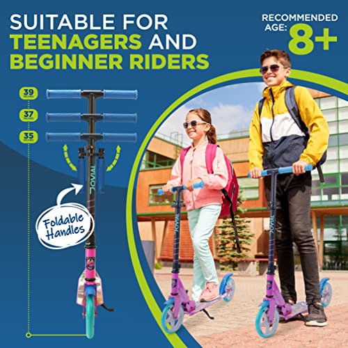 Jovial 2-Wheel Folding Kick Scooter - Compact Foldable Riding Scooter for Teens w/Adjustable Height, Alloy Anti-Slip Deck, 7” Wheels, Mud Guard Front Wheel, for Kids Boys/Girls 8+ Yrs Old (Miami)