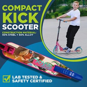 Jovial 2-Wheel Folding Kick Scooter - Compact Foldable Riding Scooter for Teens w/Adjustable Height, Alloy Anti-Slip Deck, 7” Wheels, Mud Guard Front Wheel, for Kids Boys/Girls 8+ Yrs Old (Miami)