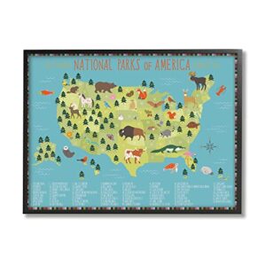 stupell industries children's national parks of america map animal wildlife black framed wall art, 20 x 16, blue