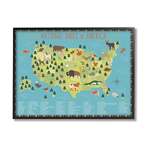 Stupell Industries Children's National Parks of America Map Animal Wildlife Black Framed Wall Art, 20 x 16, Blue