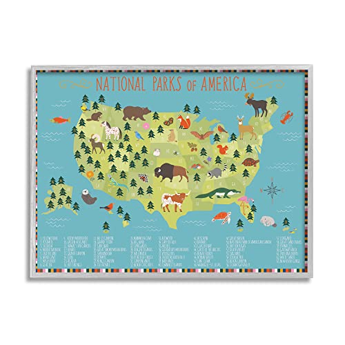 Stupell Industries Children's National Parks of America Map Animal Wildlife Grey Framed Wall Art, 20 x 16, Blue