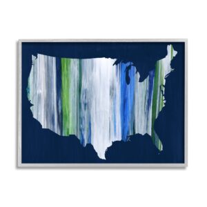 stupell industries abstract stripe united states of america map grey framed wall art, 14 x 11, blue