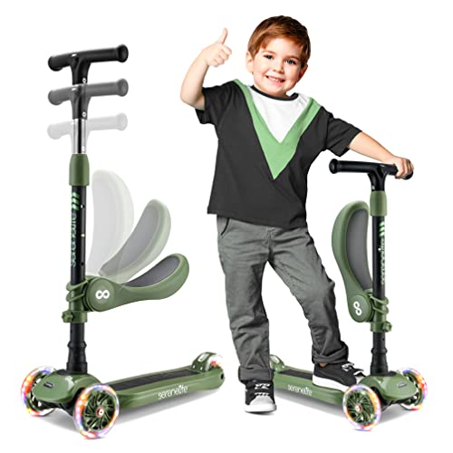 SereneLife 3 Wheeled Scooter for Kids - 2-in-1 Sit/Stand Child Toddlers Toy Kick Scooters w/Flip-Out Seat, Adjustable Height, Wide Deck, Flashing Wheel Lights, Great for Outdoor Fun - SLKS22 (Green)