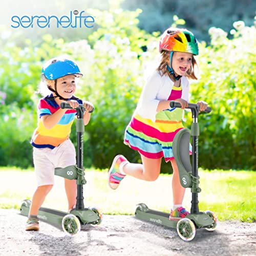 SereneLife 3 Wheeled Scooter for Kids - 2-in-1 Sit/Stand Child Toddlers Toy Kick Scooters w/Flip-Out Seat, Adjustable Height, Wide Deck, Flashing Wheel Lights, Great for Outdoor Fun - SLKS22 (Green)