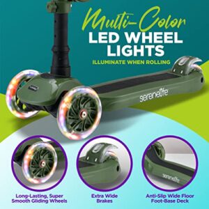 SereneLife 3 Wheeled Scooter for Kids - 2-in-1 Sit/Stand Child Toddlers Toy Kick Scooters w/Flip-Out Seat, Adjustable Height, Wide Deck, Flashing Wheel Lights, Great for Outdoor Fun - SLKS22 (Green)