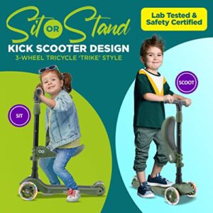 SereneLife 3 Wheeled Scooter for Kids - 2-in-1 Sit/Stand Child Toddlers Toy Kick Scooters w/Flip-Out Seat, Adjustable Height, Wide Deck, Flashing Wheel Lights, Great for Outdoor Fun - SLKS22 (Green)