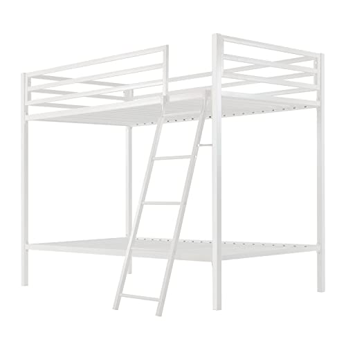 ikalido Metal Bunk Bed Twin Over Twin Size, Heavy Duty Twin Bunk Beds with Safety 14" Guard Rail & Sturdy Inclined Ladder, Space-Saving/No Box Spring Needed/Matte White