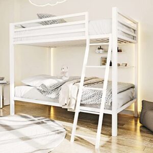 ikalido metal bunk bed twin over twin size, heavy duty twin bunk beds with safety 14" guard rail & sturdy inclined ladder, space-saving/no box spring needed/matte white