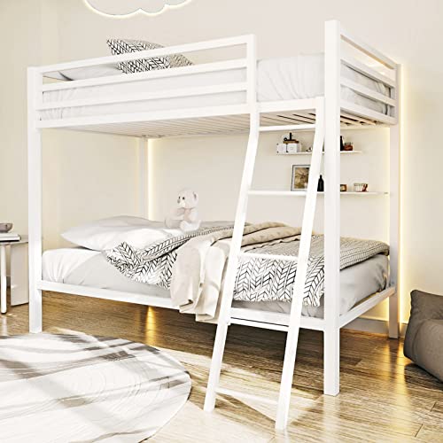 ikalido Metal Bunk Bed Twin Over Twin Size, Heavy Duty Twin Bunk Beds with Safety 14" Guard Rail & Sturdy Inclined Ladder, Space-Saving/No Box Spring Needed/Matte White