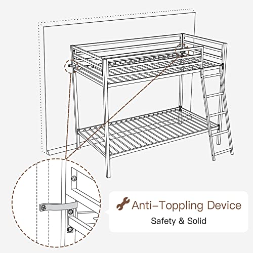 ikalido Metal Bunk Bed Twin Over Twin Size, Heavy Duty Twin Bunk Beds with Safety 14" Guard Rail & Sturdy Inclined Ladder, Space-Saving/No Box Spring Needed/Matte White