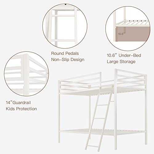 ikalido Metal Bunk Bed Twin Over Twin Size, Heavy Duty Twin Bunk Beds with Safety 14" Guard Rail & Sturdy Inclined Ladder, Space-Saving/No Box Spring Needed/Matte White