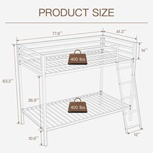 ikalido Metal Bunk Bed Twin Over Twin Size, Heavy Duty Twin Bunk Beds with Safety 14" Guard Rail & Sturdy Inclined Ladder, Space-Saving/No Box Spring Needed/Matte White