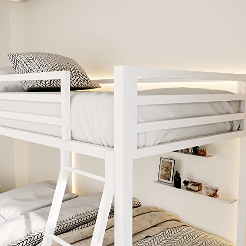 ikalido Metal Bunk Bed Twin Over Twin Size, Heavy Duty Twin Bunk Beds with Safety 14" Guard Rail & Sturdy Inclined Ladder, Space-Saving/No Box Spring Needed/Matte White